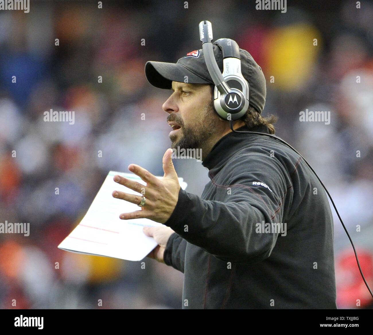 Kansas City Chiefs head coach Todd Haley yells during the second quarter against the Chicago Bears at Soldier Field on December 4, 2011 in Chicago. The Chiefs won 10-3.     UPI/Brian Kersey Stock Photo