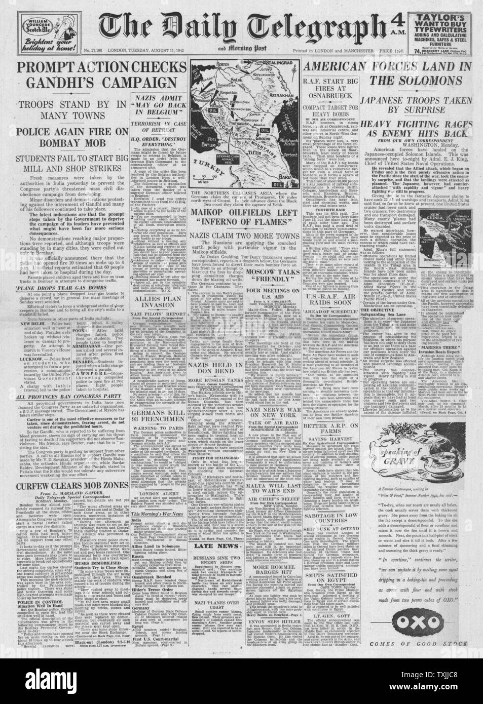 1942 front page Daily Telegraph Bombay Riots, German Army advance on Stalingrad and Battle for the Solomon Islands Stock Photo