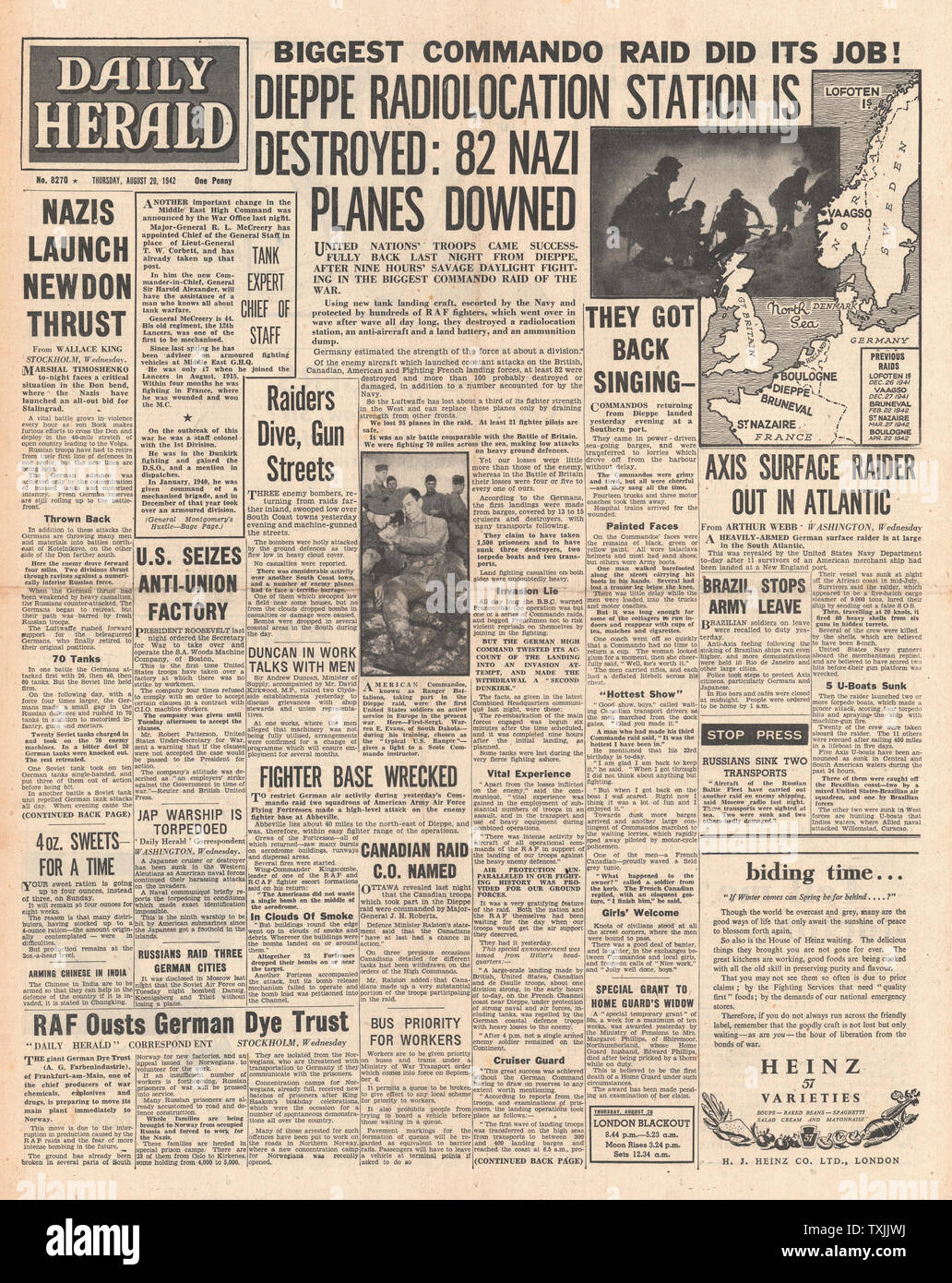 1942 front page  Daily Herald British Commando Raid on Dieppe Stock Photo