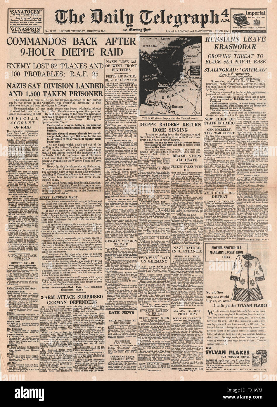 1942 front page  Daily Telegraph British Commando Raid on Dieppe Stock Photo