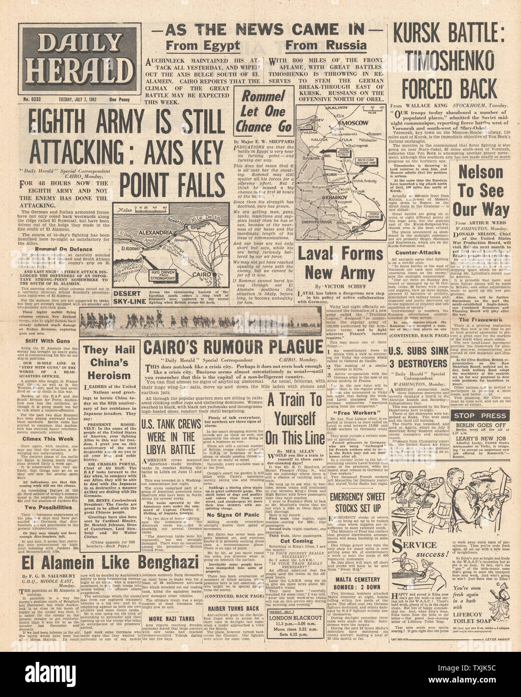 1942 front page Daily Herald Battle for El Alamein, Orel, Kursk and Kharkov Stock Photo