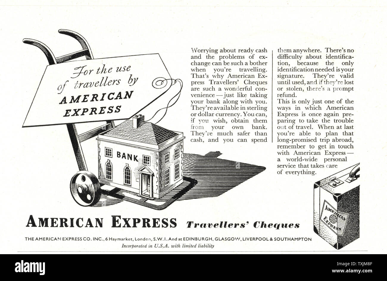 1946 Uk Magazine American Express Traveller S Cheques Advert Stock