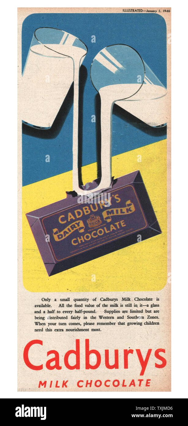 1946 UK Magazine Cadburys Milk Chocolate Advert Stock Photo