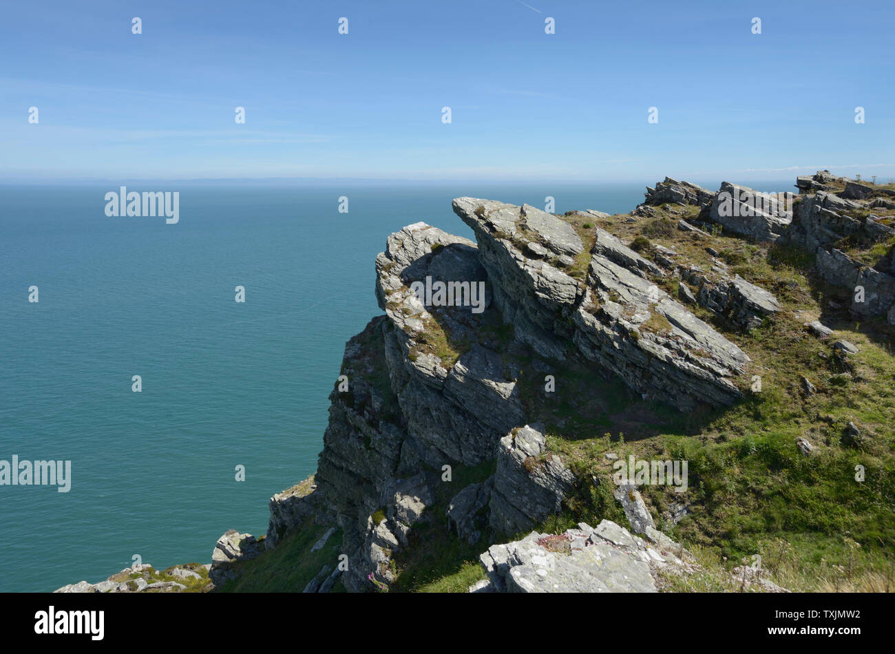 Rocky outcrop, on cliff top, by Heddon Valley, Devon. Stock Photo