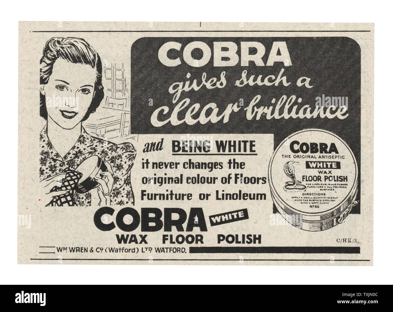 1940 UK Magazine Cobra Wax Floor Polish Advert Stock Photo