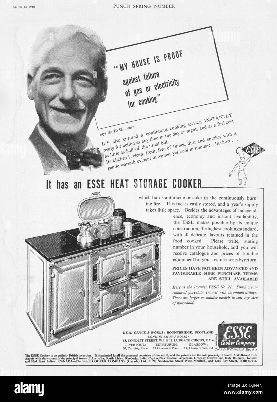 1940 UK Magazine Esse Storage Cooker Advert Stock Photo