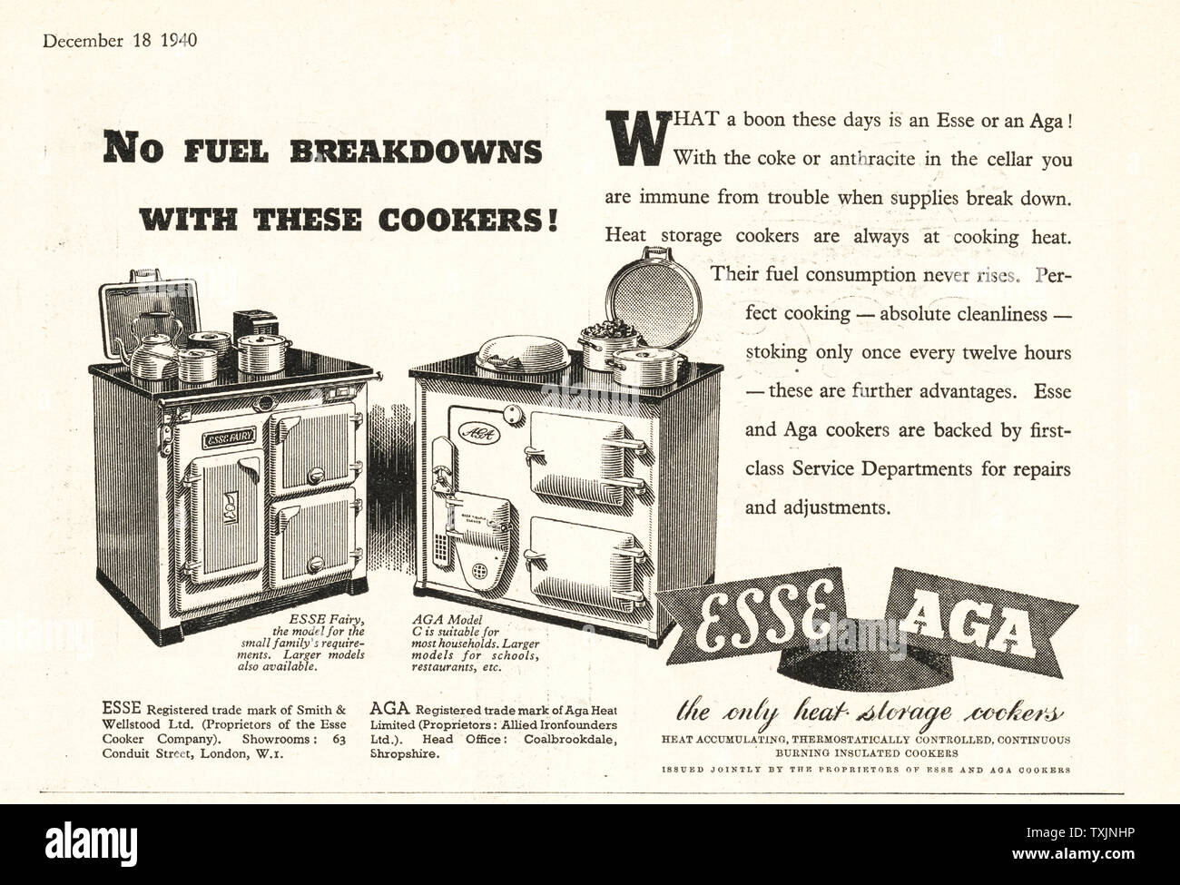 1940 UK Magazine Esse & Aga Storage Cookers Advert Stock Photo