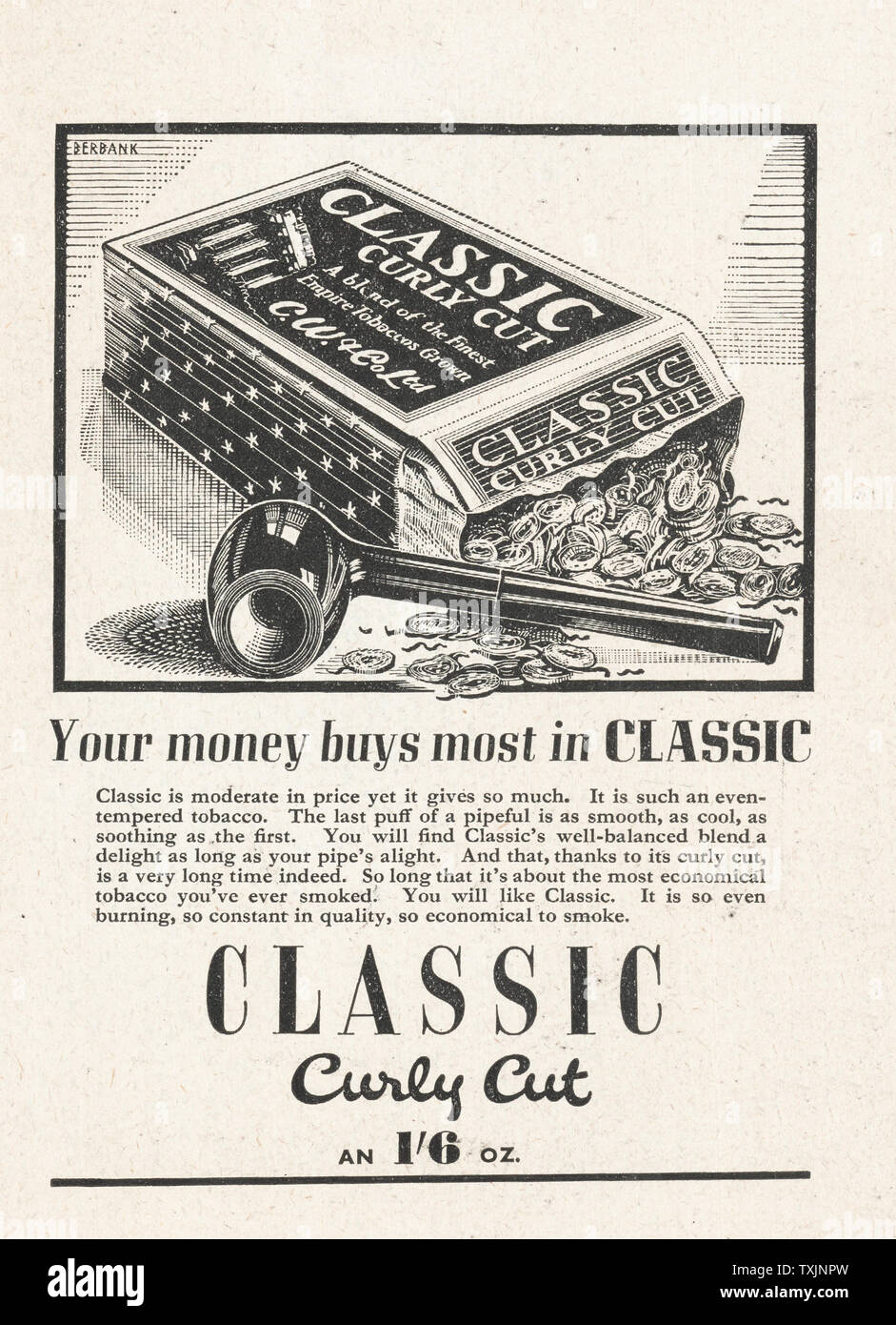curly cut tobacco 1940 UK Magazine Classic Curly Cut Pipe Tobacco Advert Stock Photo