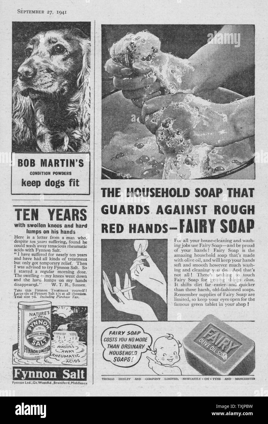 1941 UK Magazine Fairy Soap Advert Stock Photo