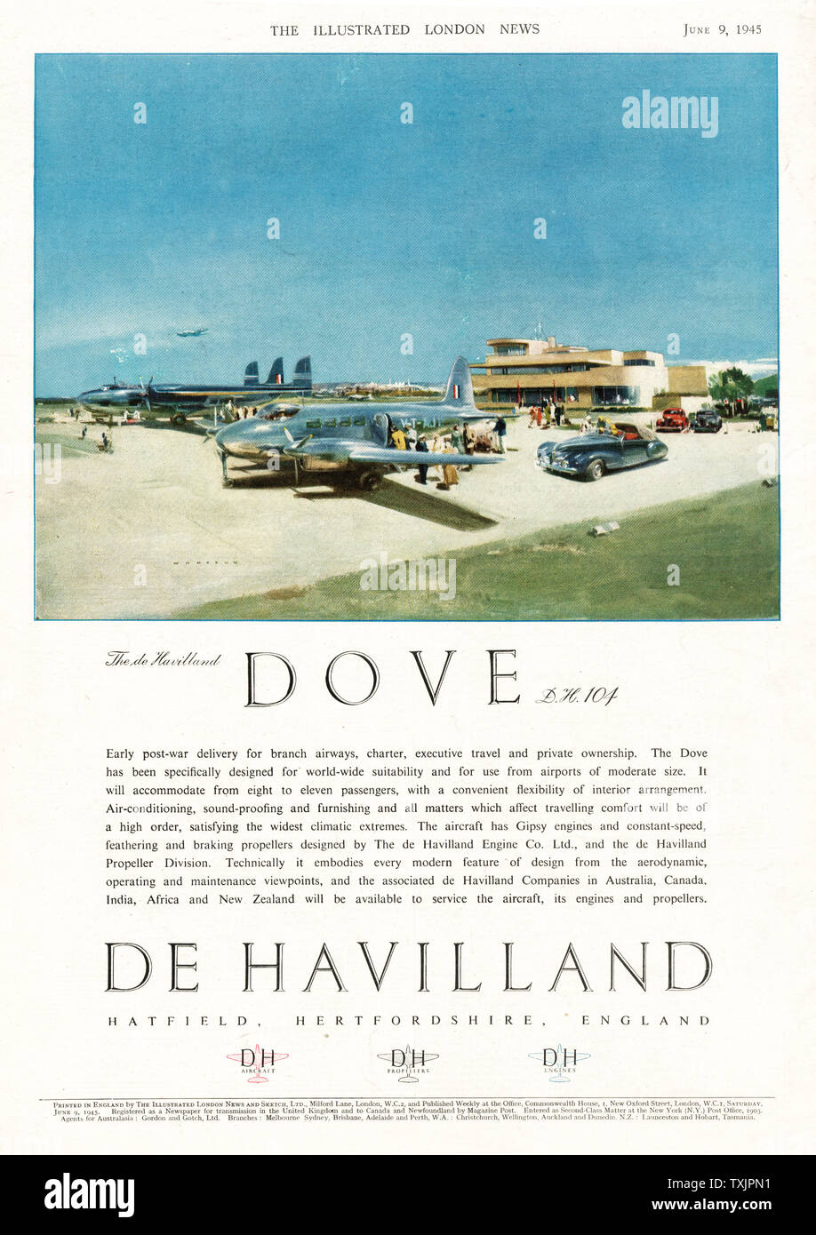 1945 UK Magazine De Havilland Dove DH-104 Advert Stock Photo