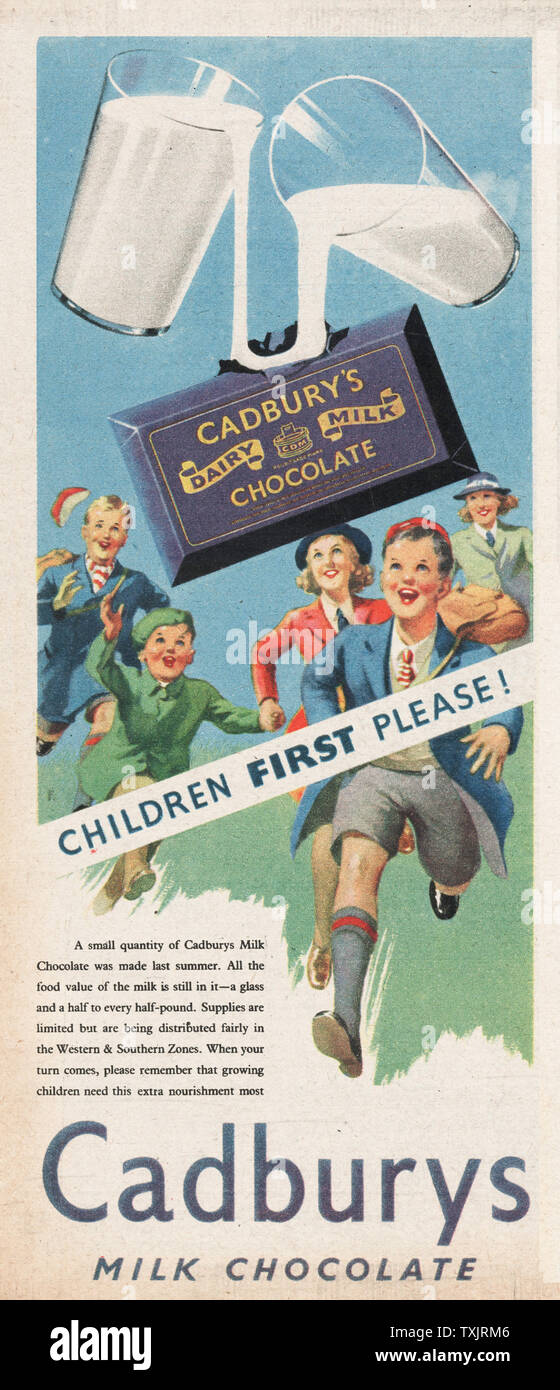 1945 UK Magazine Cadburys Milk Chocolate Advert Stock Photo