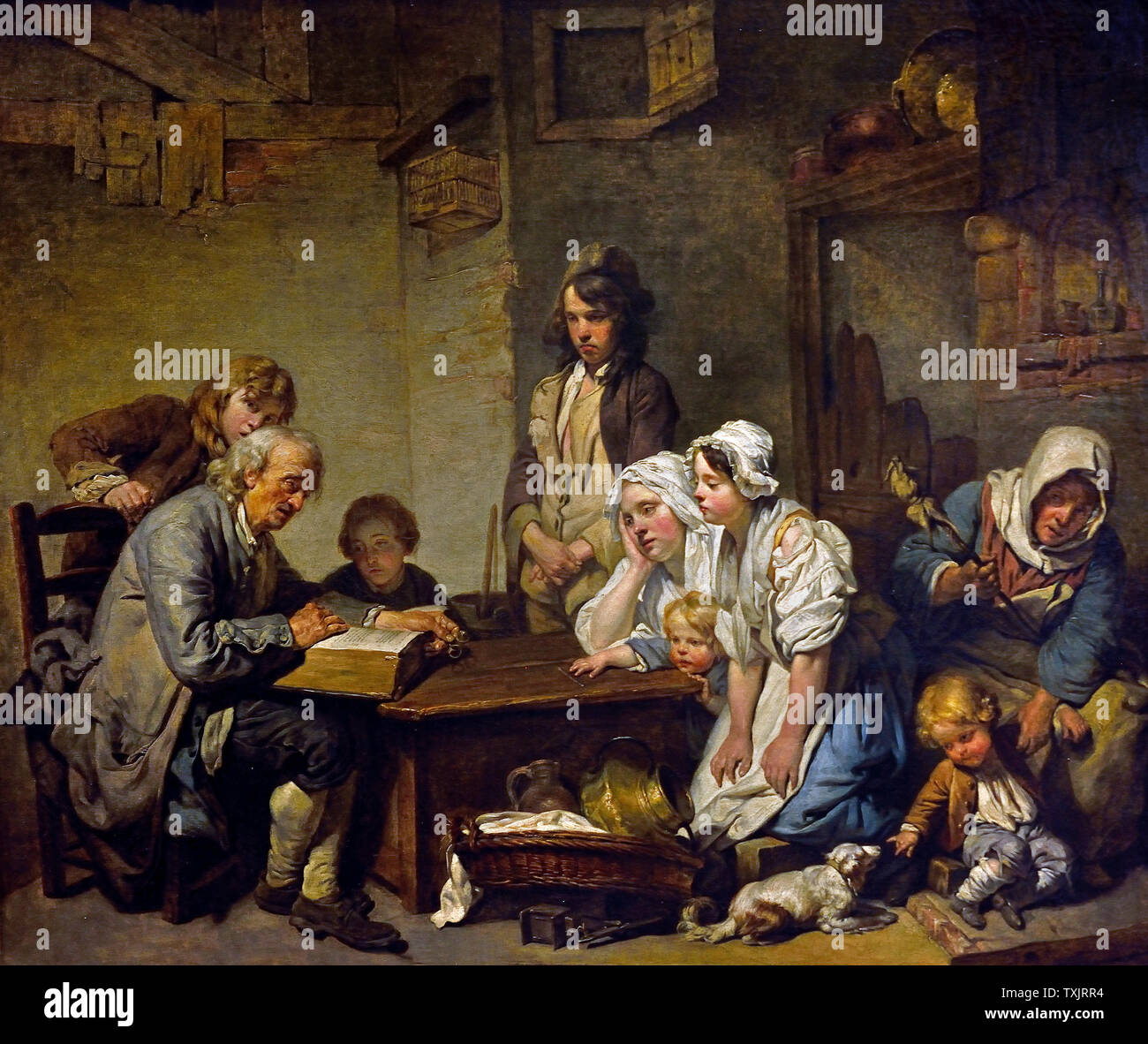 Reading the Bible 1755 by Jean Baptiste GREUZE 1725 - 1805, France, French  Stock Photo - Alamy