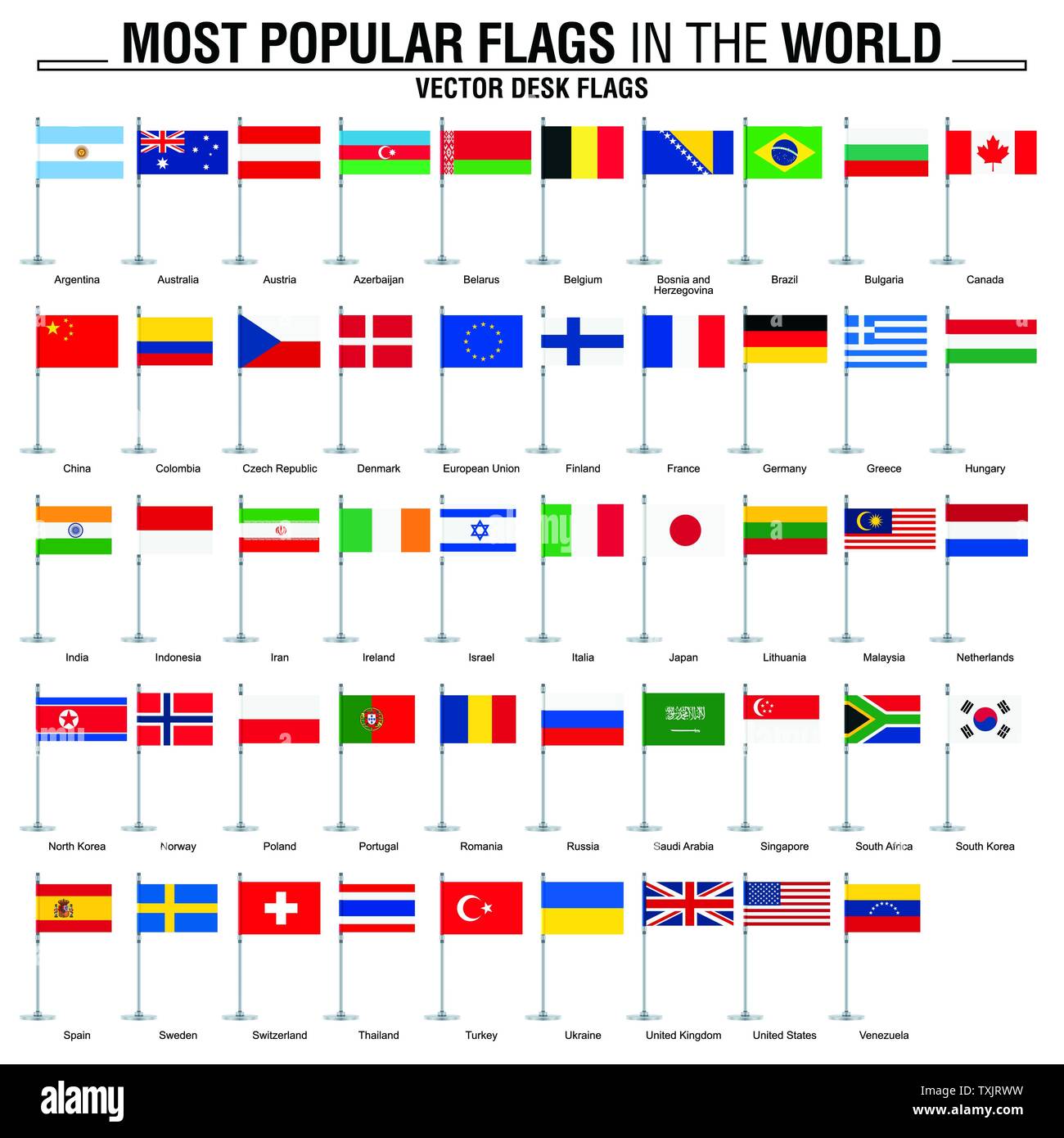 Most popular flags in the world. Flat desk flags on white background