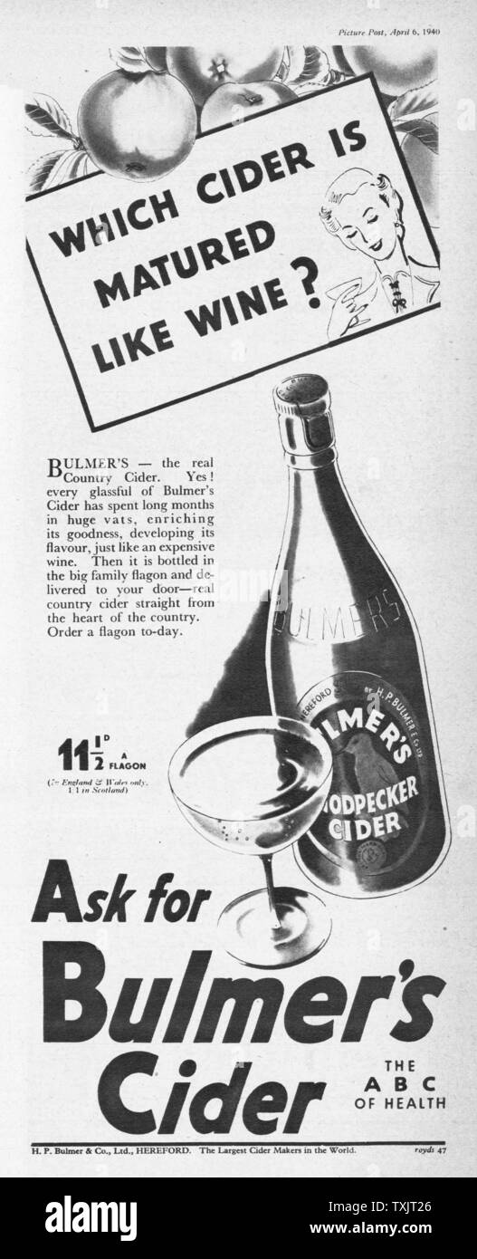 1940 UK Magazine Bulmer's Cider Advert Stock Photo