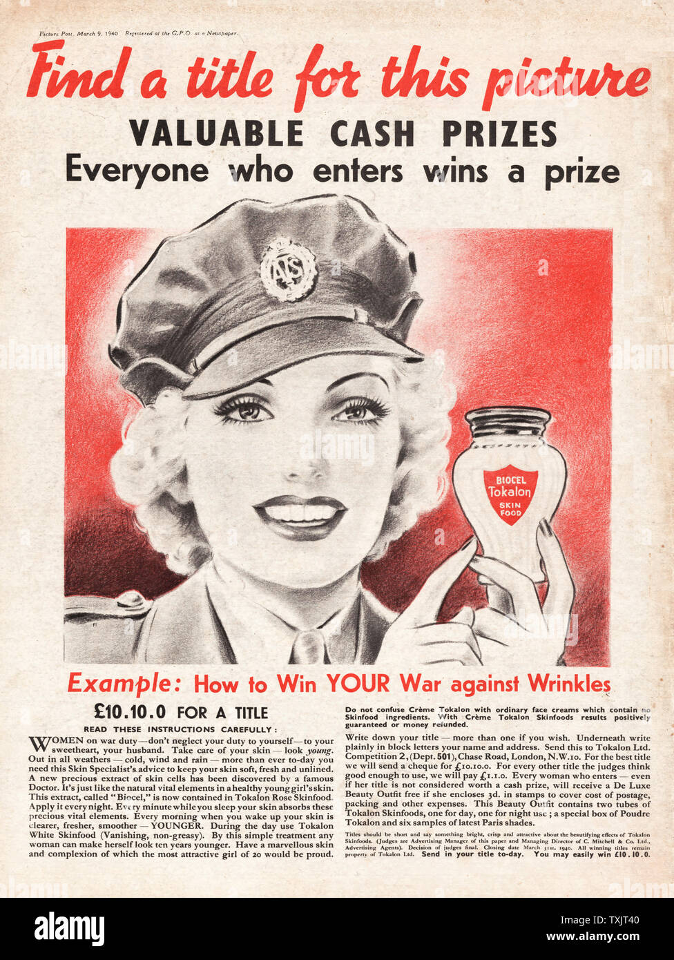 1940 UK Magazine Tokalon Biocel Skin Food Ad Stock Photo