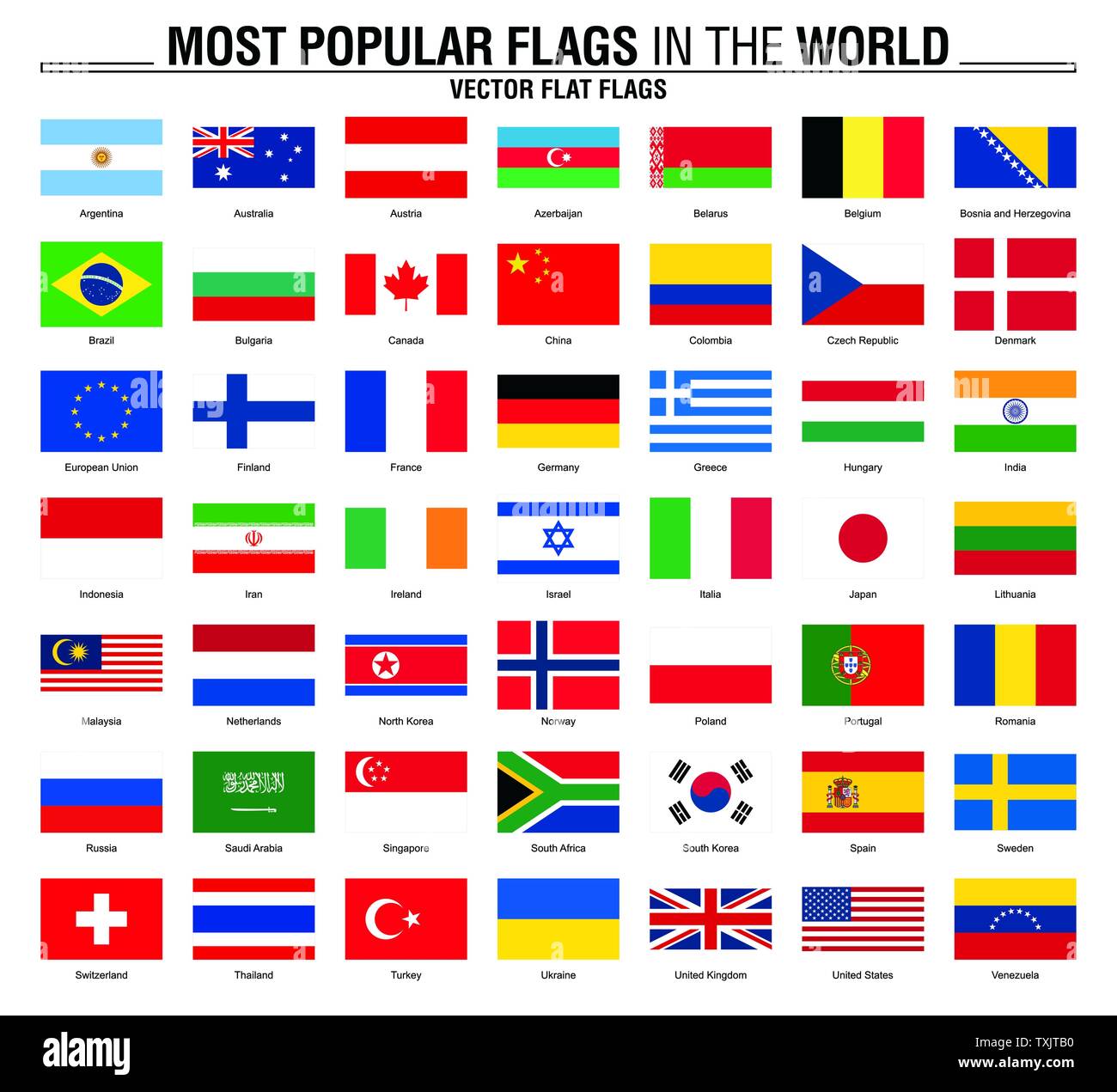 Most popular flags in the world. Flags on white background. Stock Vector