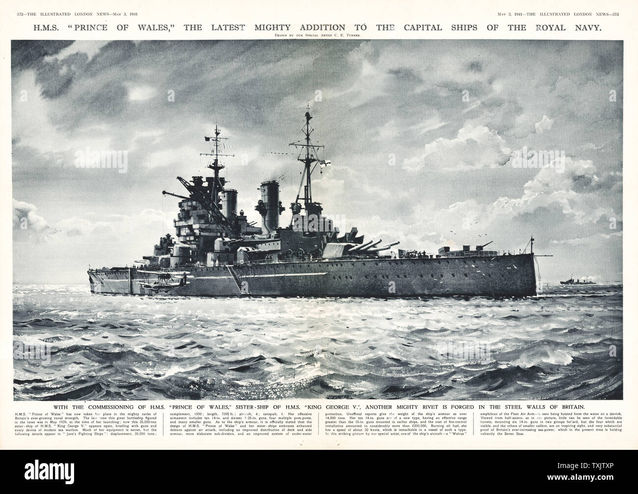 1941 Illustrated London News Royal Navy Battleship HMS Prince of Wales Stock Photo