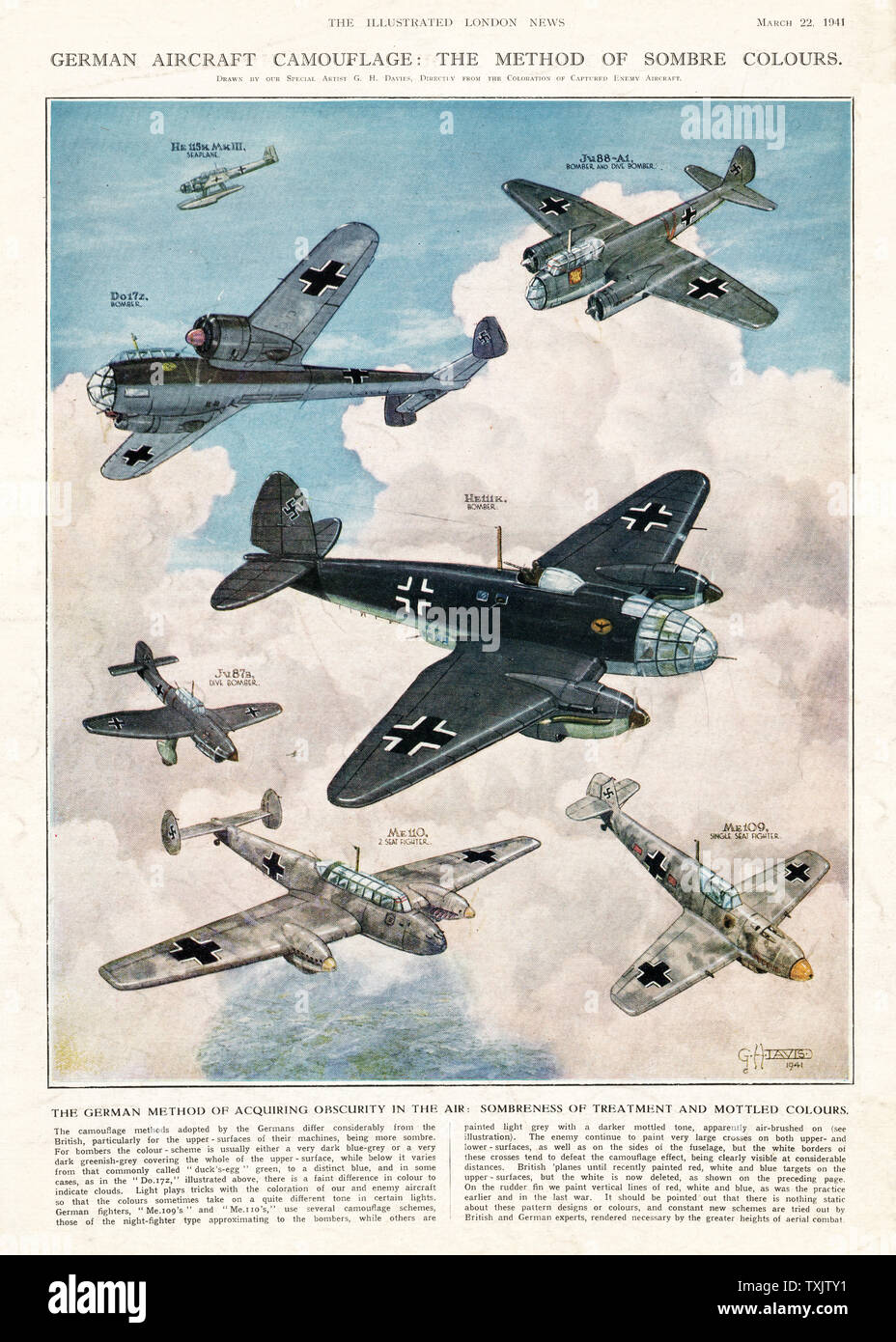 1941 Illustrated London News Luftwaffe Aircraft Camouflage Stock Photo