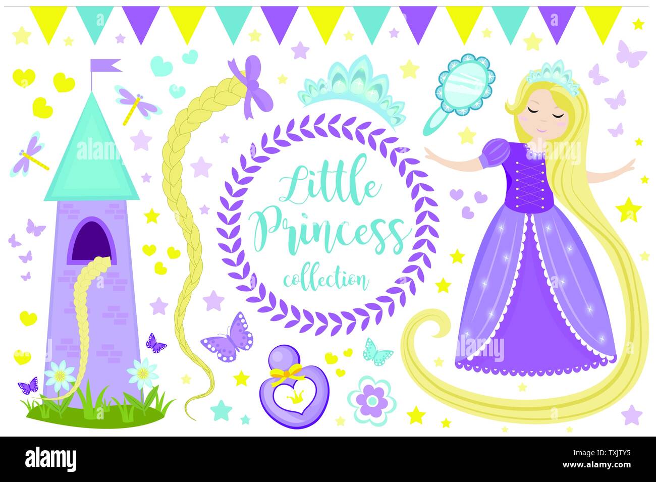 Cute little princess Rapunzel set objects. Collection design element with pretty girl, tower, butterfly, accessories. Kids baby clip art funny smiling Stock Vector
