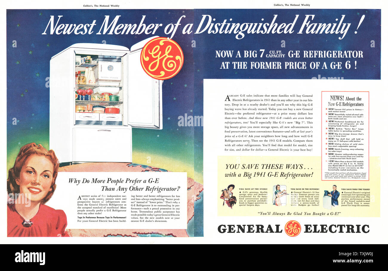 1941 U.S. Magazine General Electric Fridge Freezer Advert Stock Photo