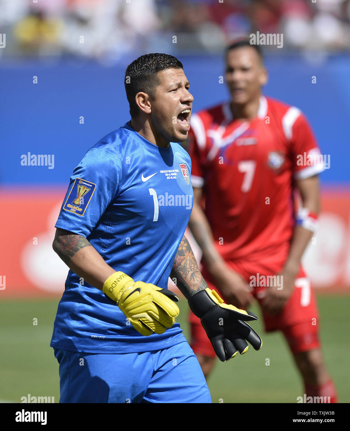 United States goalkeeper Nick Rimando yells to his team during the first half of the 2013 CONCACAF Gold Cup Final against the Panama at Soldier Field in Chicago on July 28, 2013.     UPI/Brian Kersey Stock Photo