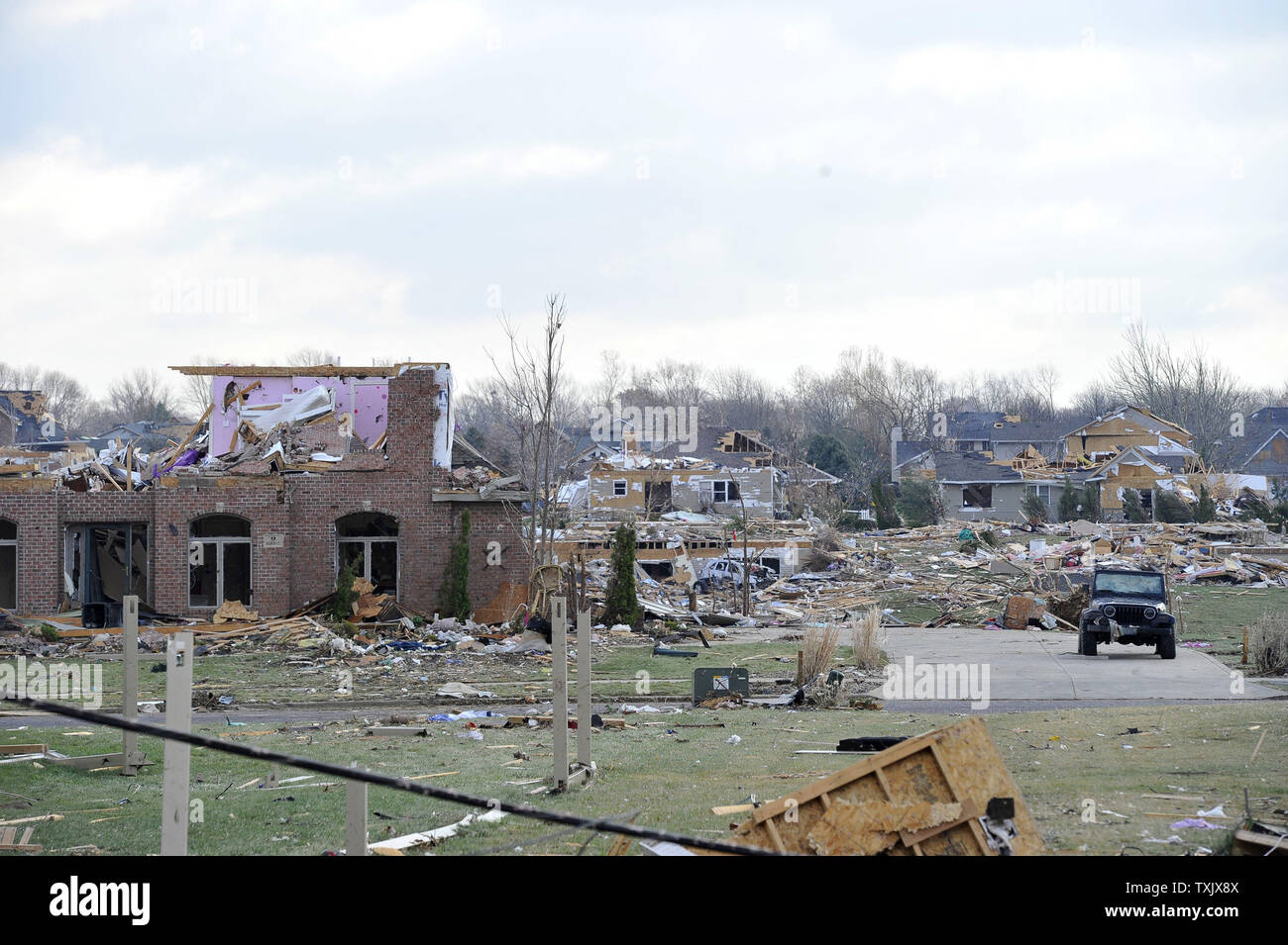 The remnants of houses stands in Washington, Illinois on November 18, 2013. Six people died and hundreds of homes were destroyed in Illinois as 81 tornadoes were sighted on November 17 throughout 12 midwest states including the EF4 tornado that struck Washington, Illinois.     UPI/Brian Kersey Stock Photo