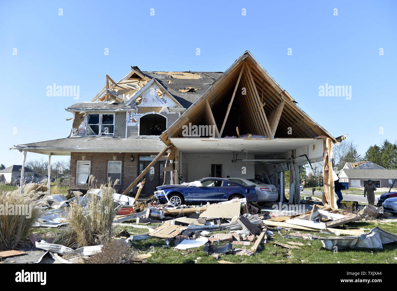 A severely damaged home stands in Washington, Illinois on November 18, 2013. Six people died and hundreds of homes were destroyed in Illinois as 81 tornadoes were sighted on November 17 throughout 12 midwest states including the EF4 tornado that struck Washington, Illinois.     UPI/Brian Kersey.     UPI/Brian Kersey Stock Photo