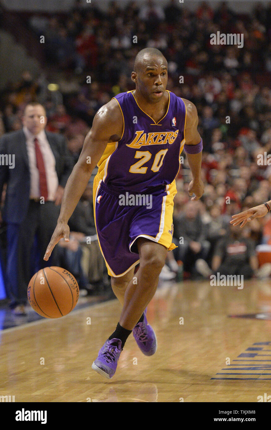 Los Angeles Lakers guard Jodie Meeks brings the ball up the floor during  the second quarter against the Chicago Bulls at the United Center in  Chicago on January 20, 2013. UPI/Brian Kersey
