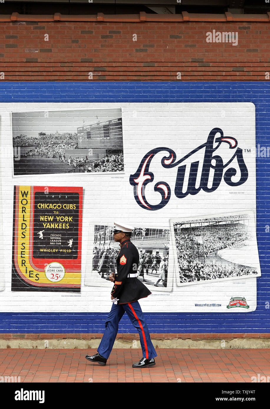 A U.S. Marine walks along the outfield wall before the Chicago Cubs home opener against the Philadelphia Phillies at Wrigley Field on April 4, 2014 in Chicago. To commemorate the 100th anniversary of Wrigley Field, the Cubs painted section of the outfield walls with photos and murals depicting the ballpark's history.      UPI/Brian Kersey Stock Photo