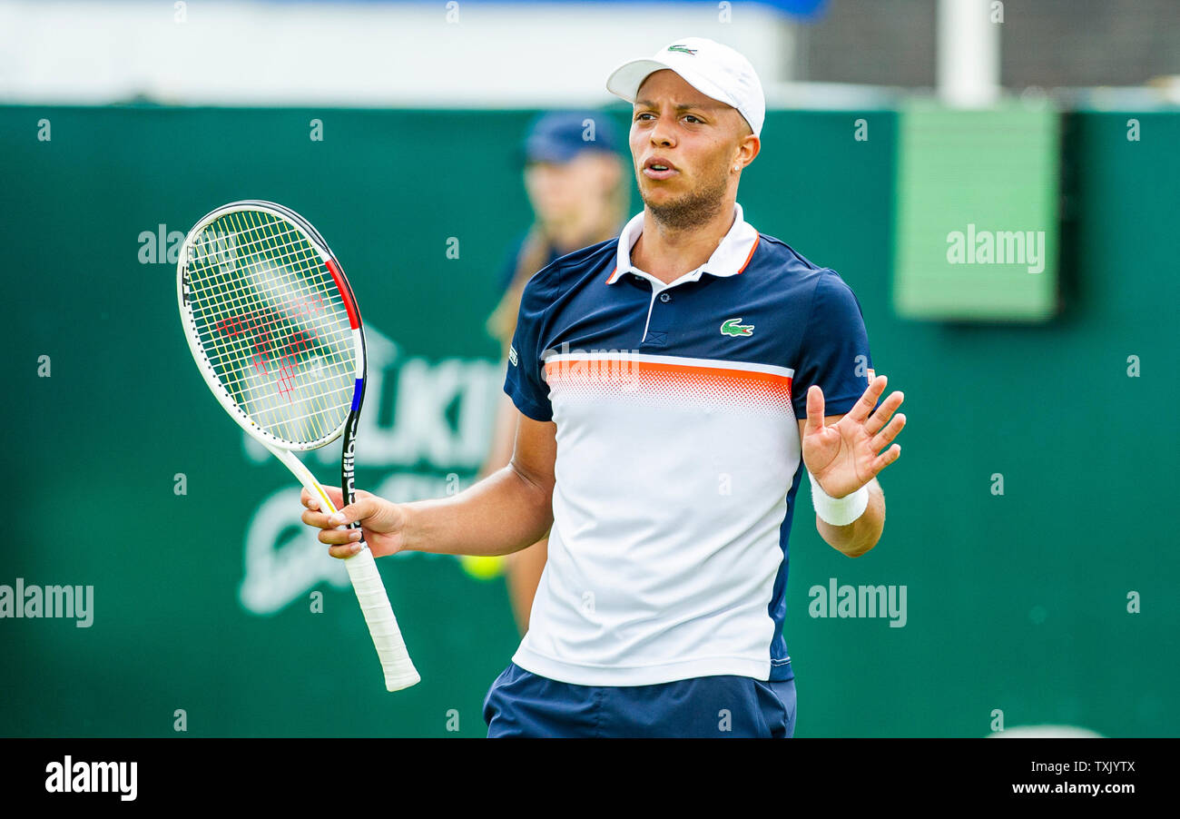 Eastbourne, UK. 25th June, 2019. Jay Clarke of Great Britain in action  against Leonardo Mayer of Argentina during their match at the Nature Valley  International tennis tournament held at Devonshire Park in