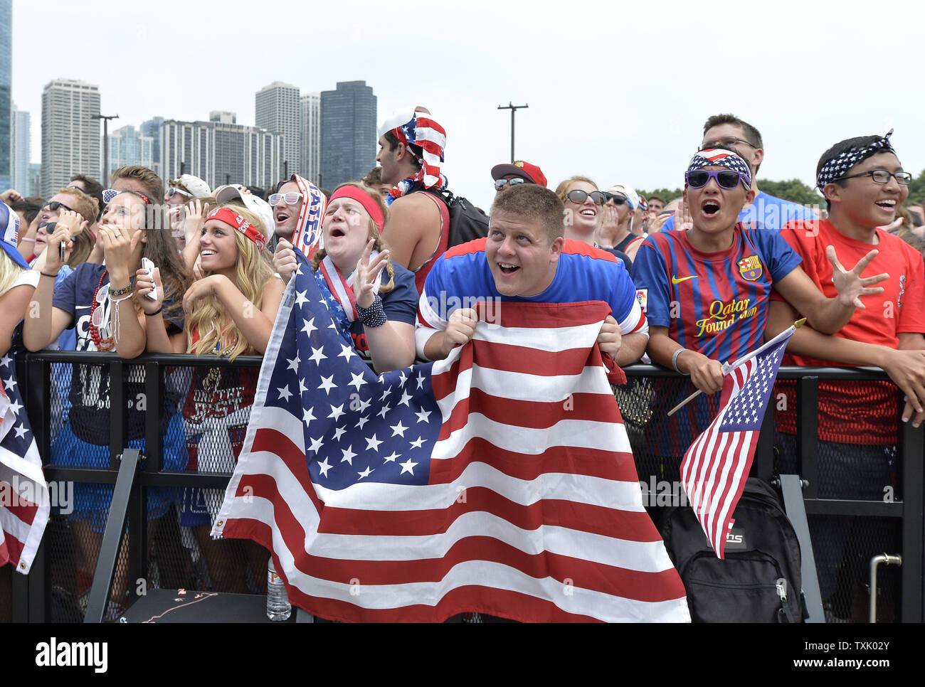 United States' soccer react after their team nearly scored during the World Cup match between the United States and Germany at a World Cup watch event hosted by U.S. Soccer at Grant Park on June 26, 2014 in Chicago. The United States lost to Germany 1-0, but advanced to the World Cup round of 16 with a Portugal win over Ghana in their group.    UPI/Brian Kersey Stock Photo