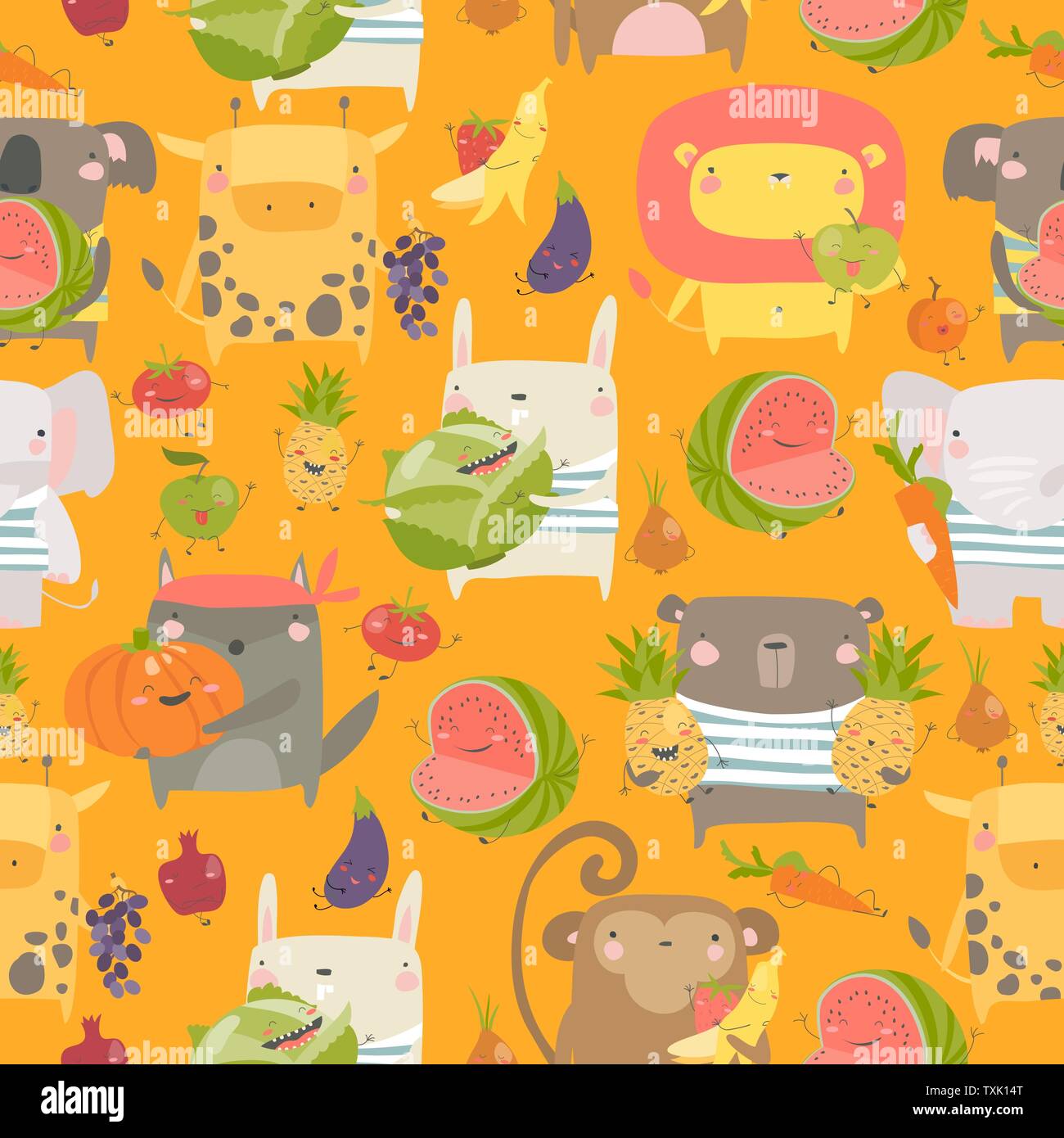 Seamless pattern with cartoon animals holding fruits and vegetables on orange background Stock Vector