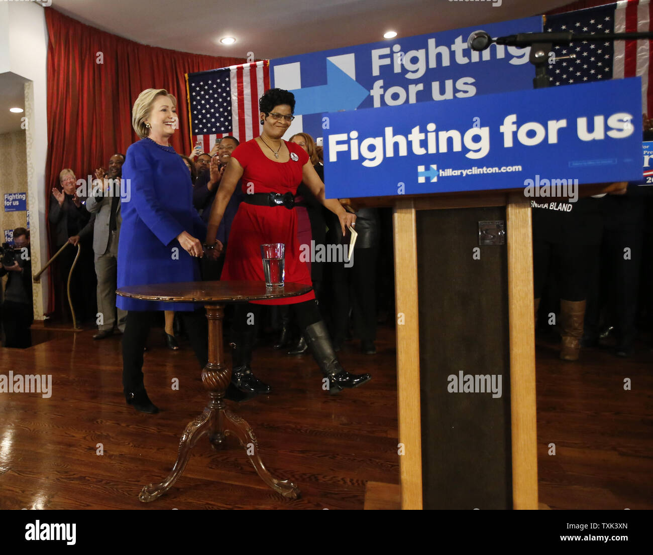 Democratic Presidential hopeful Hillary Clinton, left, arrives with Geneva Reed-Veal, right, the mother of Sandra Bland, who was found dead in a Texas jail cell, before speaking to supporters at a 'Get Out the Vote' organizing event at the Parkway Ballroom in Chicago on February 17, 2016. Clinton's appearance in Chicago's Bronzeville neighborhood, a historic African American community, is part of a major effort of her campaign to reach out to black voters. Photo by Kamil Krzaczynski/UPI Stock Photo