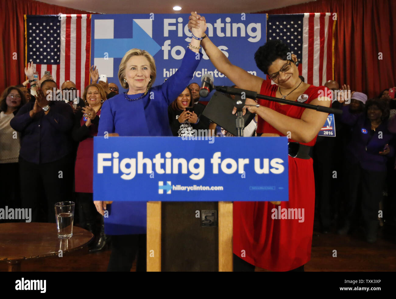 Democratic Presidential hopeful Hillary Clinton, left, is introduced by Geneva Reed-Veal, right, the mother of Sandra Bland, who was found dead in a Texas jail cell, before speaking to supporters at a 'Get Out the Vote' organizing event at the Parkway Ballroom in Chicago on February 17, 2016. Clinton's appearance in Chicago's Bronzeville neighborhood, a historic African American community, is part of a major effort of her campaign to reach out to black voters. Photo by Kamil Krzaczynski/UPI Stock Photo