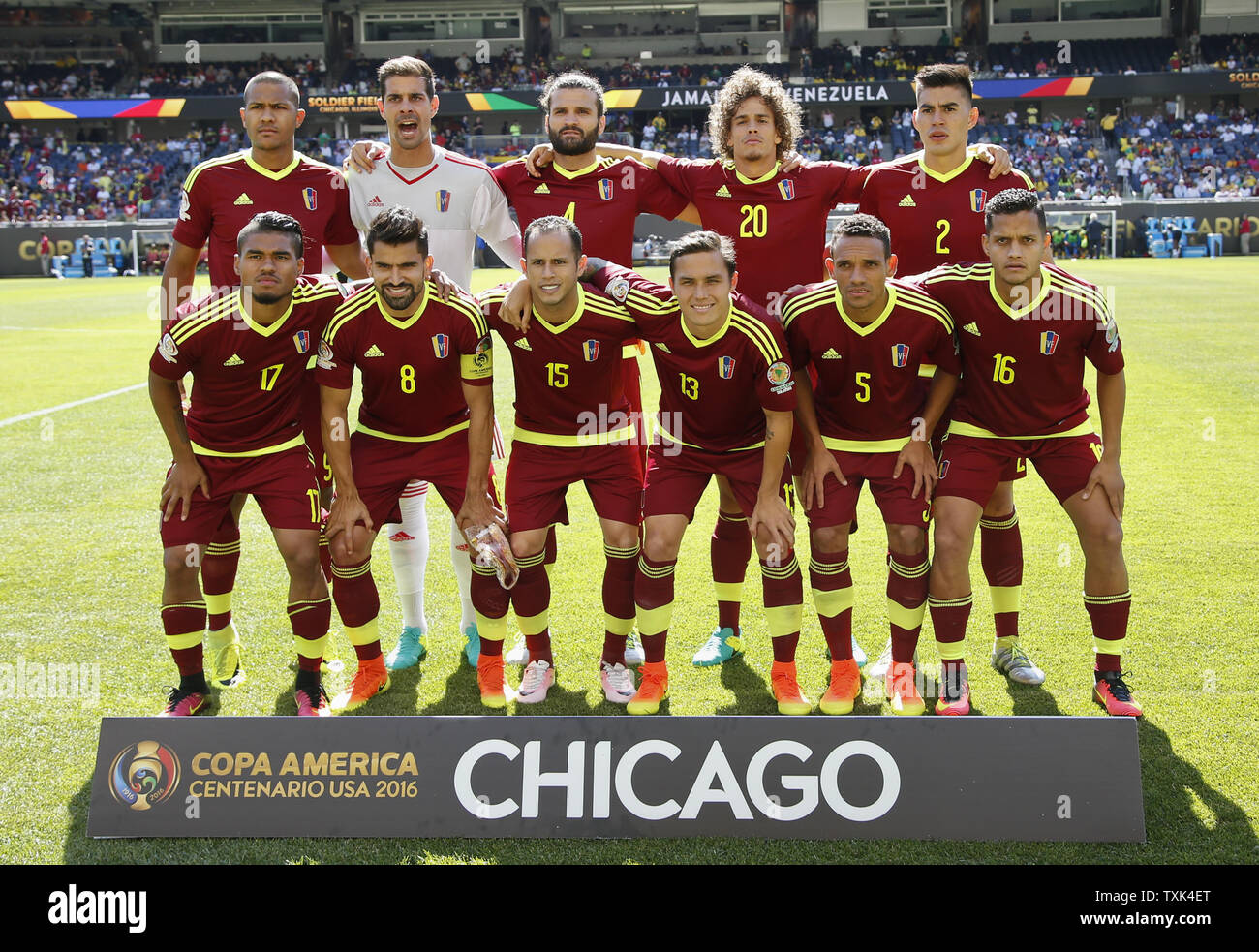 Venezuela's starting eleven players, Josef Martinez (Front L-R), Tomas  Rincon, Alejandro Guerra, Luis Manuel Seijas, Arquimedes Figuera, Roberto  Rosales, (Back L-R) Jose Salomon Rondon, Dani Hernandez, Oswaldo  Vizcarrondo, Rolf Feltscher and Wilker