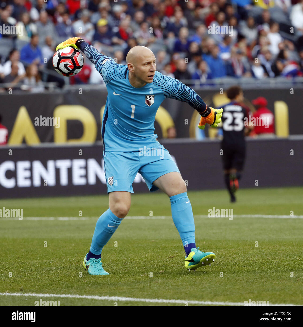 United States goalkeeper Brad Guzan (1) throws the ball during the first half of a 2016 Copa America Centenario Group A match against Costa Rica at Soldier Field in Chicago on June 7, 2016. The United States defeated Costa Rica 4-0.     Photo by Brian Kersey/UPI Stock Photo