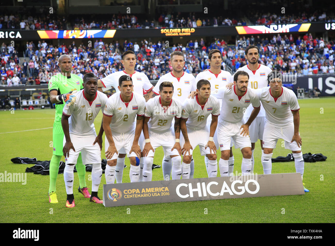Costa Rica's Joel Campbell (Front L-R), Johnny Acosta, Ronald Matarrita, Cristian Gamboa, Marco Urena, Christian Bolanos (Back L-R), Patrick Pemberton, Oscar Duarte, Francisco Calvo, Celso Borges and Bryan Ruiz pose for a team photo before a 2016 Copa America Centenario Group A match against the United States at Soldier Field in Chicago on June 7, 2016. The United States defeated Costa Rica 4-0.     Photo by Brian Kersey/UPI Stock Photo