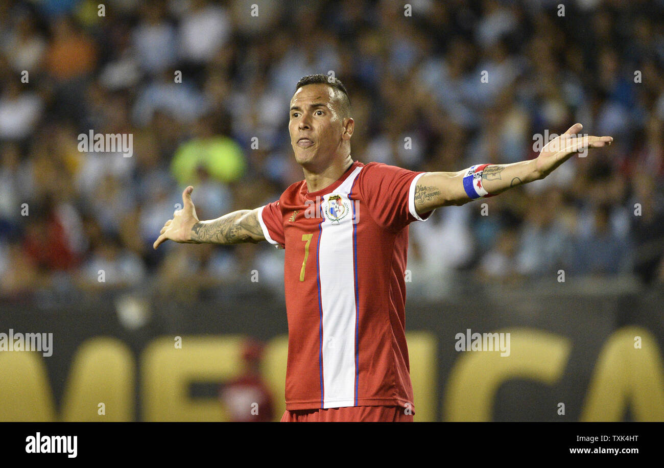 Panama forward Blas Perez reacts to a call during the first half of a 2016 Copa America Centenario Group D match against Argentina at Soldier Field in Chicago on June 10, 2016. Argentina defeated Panama 5-0.     Photo by Brian Kersey/UPI Stock Photo