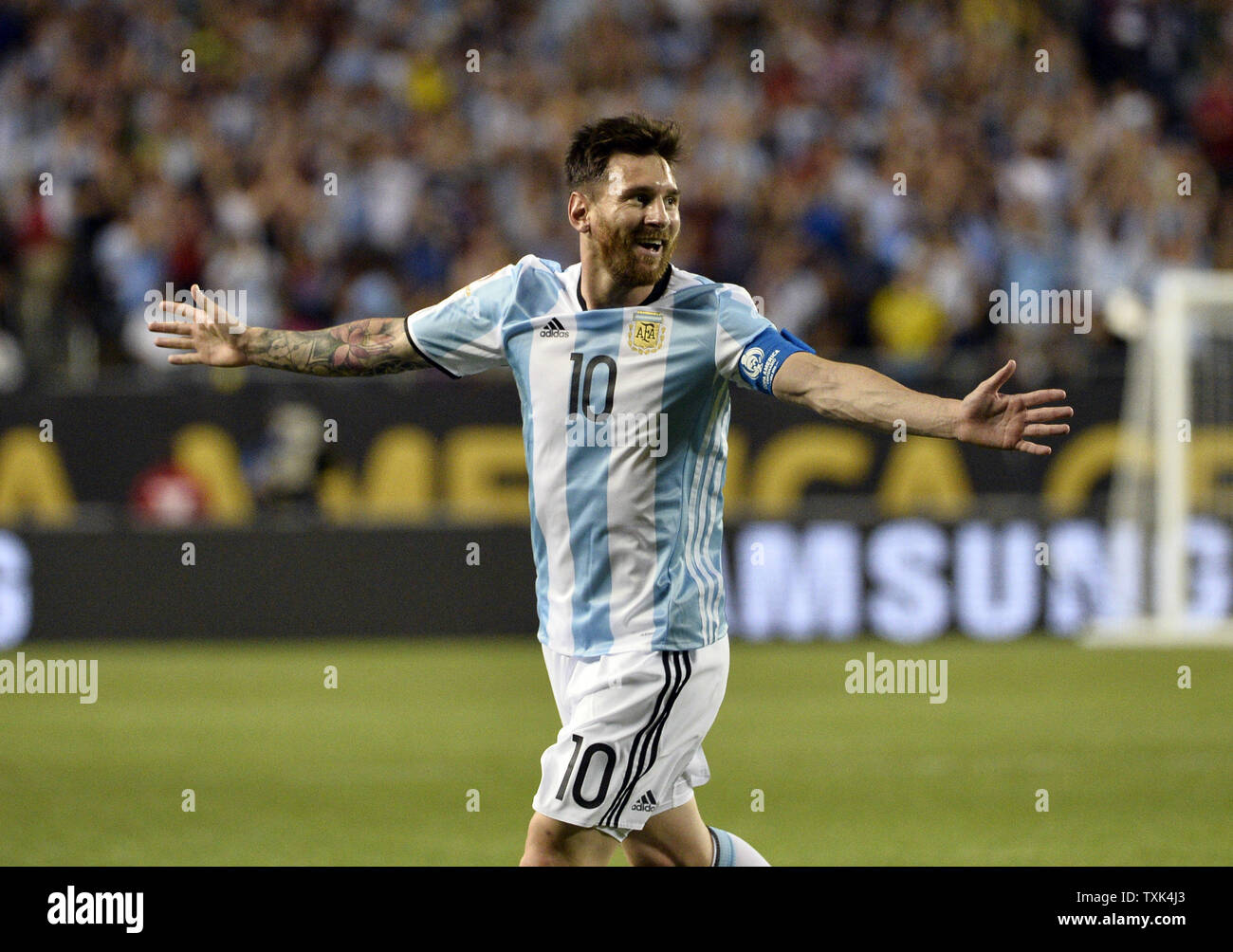 Argentina Midfielder Lionel Messi Reacts After Scoring His Second Goal Against Panama On A Free Kick During The Second Half Of A 16 Copa America Centenario Group D Match Against Panama At