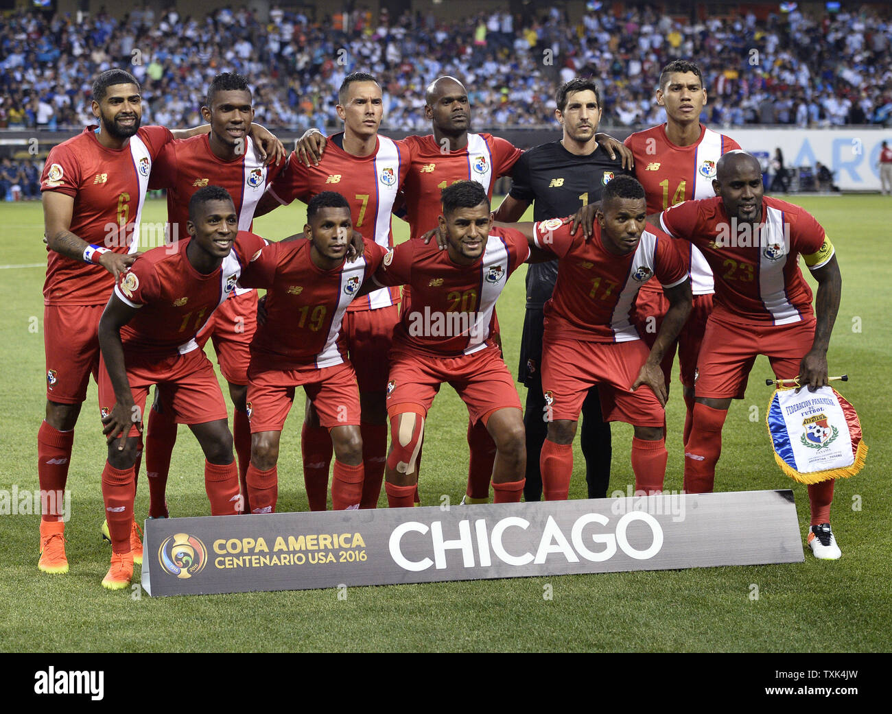 Panama's starting eleven players (Back, L-R) Gabriel Gomez, Roderick Miller, Blas Perez, Adolfo Machado, Jaime Penedo, Valentin Pimentel, (Front, L-R) Armando Cooper, Alberto Quintero, Anibal Godoy, Luis Henriquez and Felipe Baloy pose for a team photo before the 2016 Copa America Centenario Group D match against Argentina at Soldier Field in Chicago on June 10, 2016. Argentina defeated Panama 5-0.     Photo by Brian Kersey/UPI Stock Photo