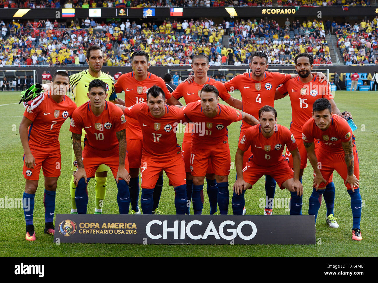 Chile's starting eleven of Alexis Sanchez, Pedro Pablo Hernandez, Gary Medel, Eduardo Vargas, Jose Pedro Fuenzalida, Charles Aranguiz (Front, L-R), Claudio Bravo, Gonzalo Jara, Francisco Silva, Mauricio Isla and Jean Beausejour (Back, L-R) pose for a team photo before a 2016 Copa America Centenario Semifinal match against Colombia at Soldier Field in Chicago on June 22, 2016.     Photo by Brian Kersey/UPI Stock Photo