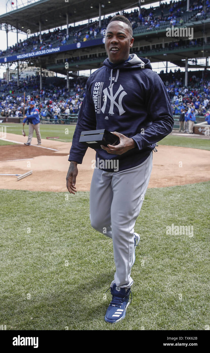 New York Yankees Aroldis Chapman walks on the field after