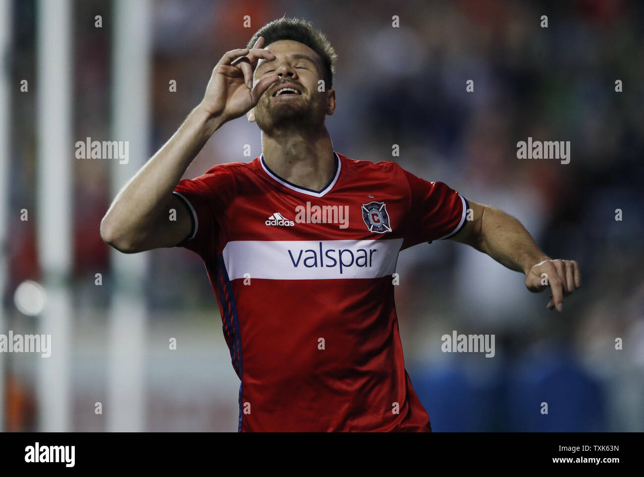 Chicago Fire forward Luis Solignac reacts after scoring during the second half of the MLS game against the Seattle Sounders at the Toyota Park on May 13, 2017 in Bridgeview, Ill. Photo by Kamil Krzaczynski/UPI Stock Photo