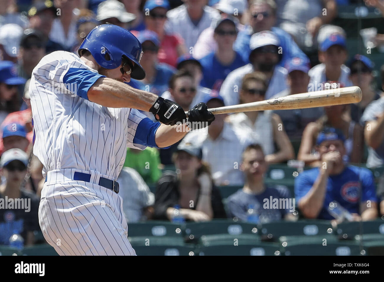Chicago Cubs Ben Zobrist hits a single against the Colorado Rockies in the third inning at Wrigley Field on June 11, 2017 in Chicago. Photo by Kamil Krzaczynski/UPI Stock Photo