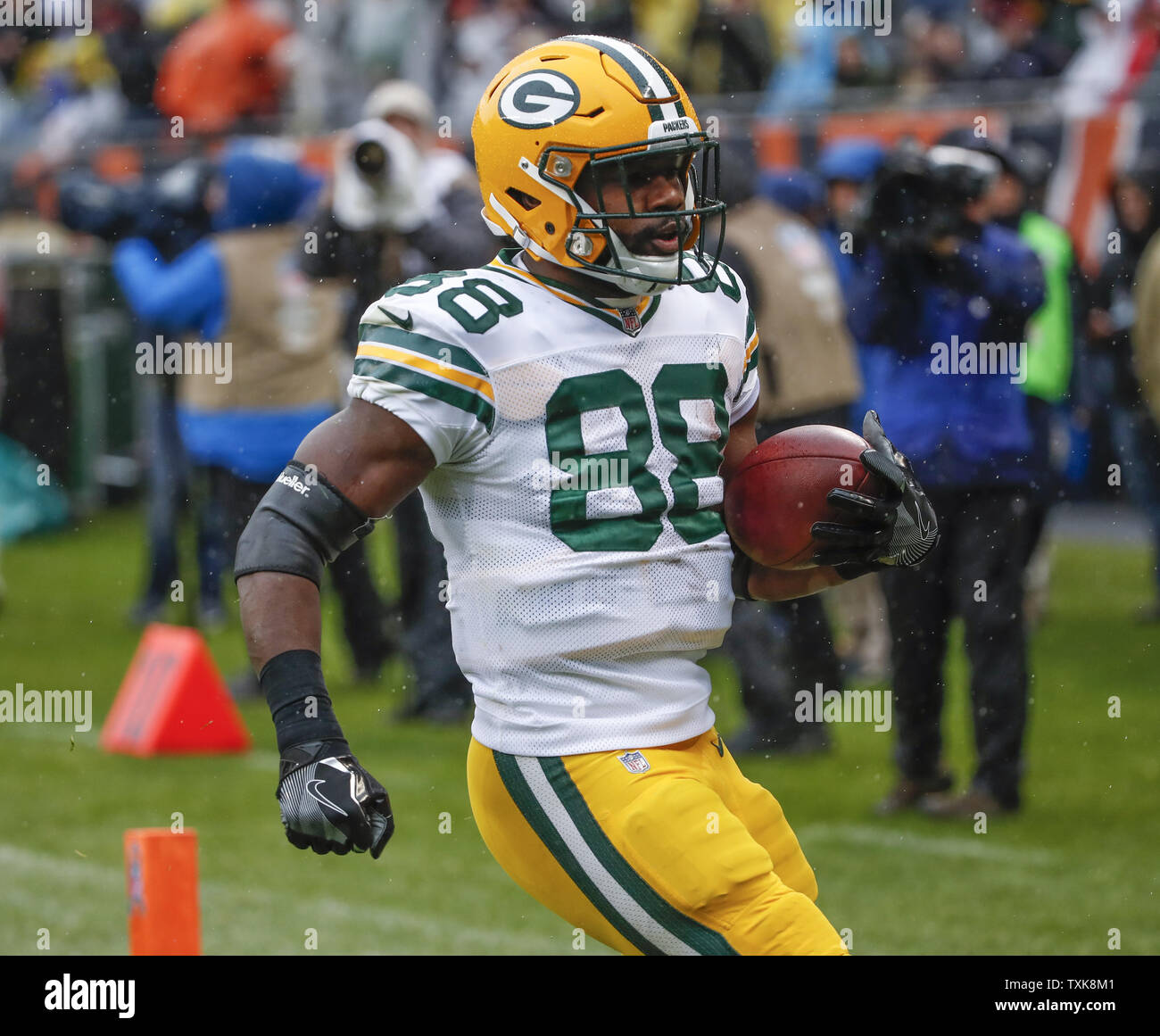 Green Bay Packers running back Ty Montgomery (88) scores a touchdown  against the Chicago Bears during the first half at Soldier Field in Chicago  on November 12, 2017. Photo by Kamil Krzaczynski/UPI