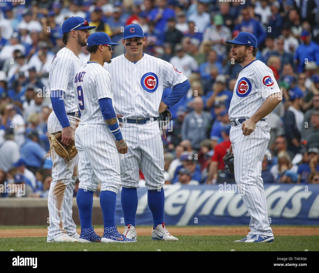 Chicago Cubs Kris Bryant celebrates with Anthony Rizzo (44) after the final  out over the Cleveland Indians during the tenth inning of World Series game  7 at Progressive Field in Cleveland, Ohio