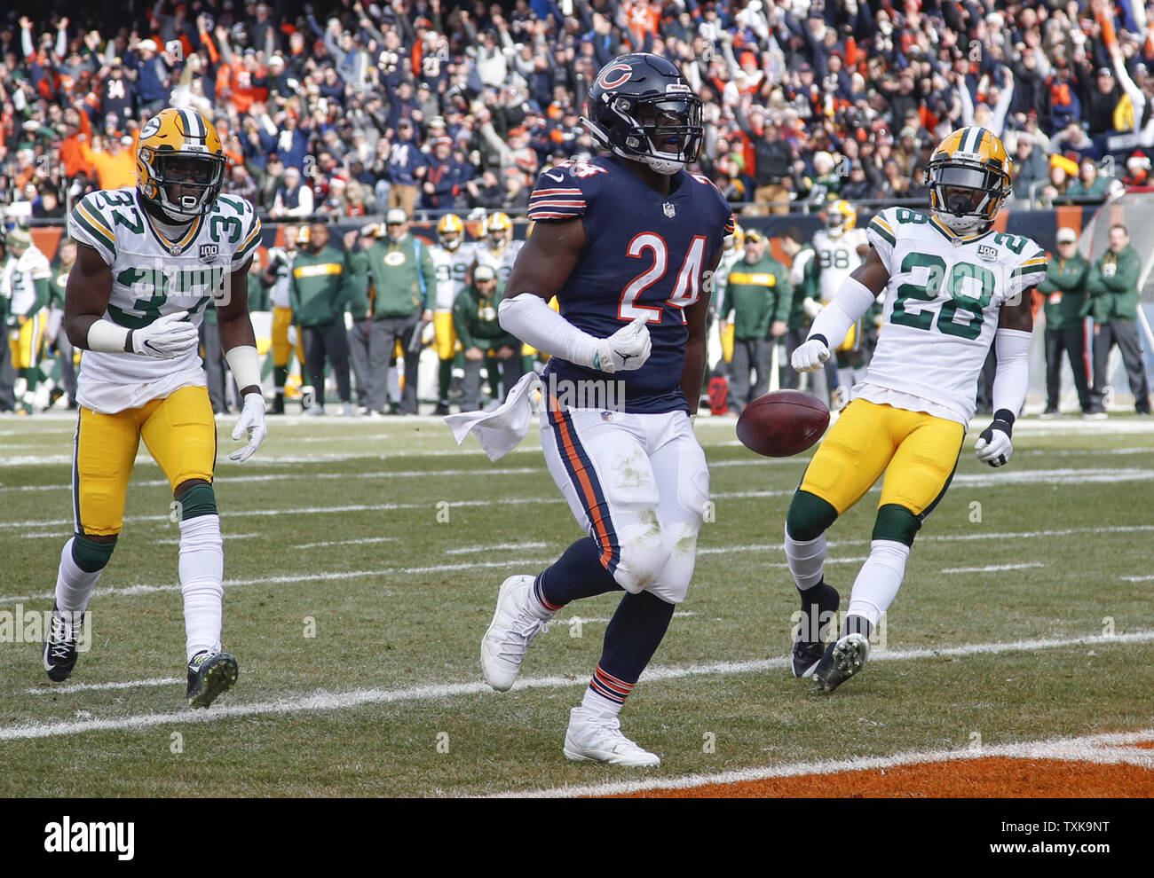 Chicago Bears running back Jordan Howard (24) reacts after scoring a touchdown against the Green Bay Packers during the first half at Soldier Field in Chicago on December 16, 2018. Photo by Kamil Krzaczynski/UPI Stock Photo