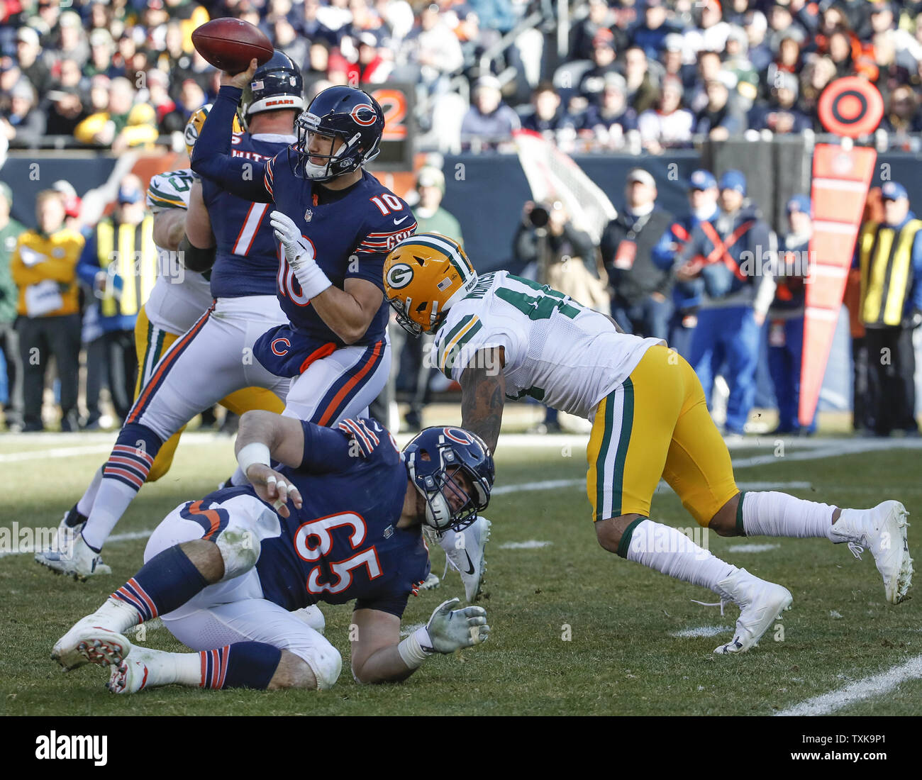 Chicago Bears quarterback Mitchell Trubisky (10) passes the ball against Green Bay Packers inside linebacker Antonio Morrison (44) during the first half at Soldier Field in Chicago on December 16, 2018. Photo by Kamil Krzaczynski/UPI Stock Photo