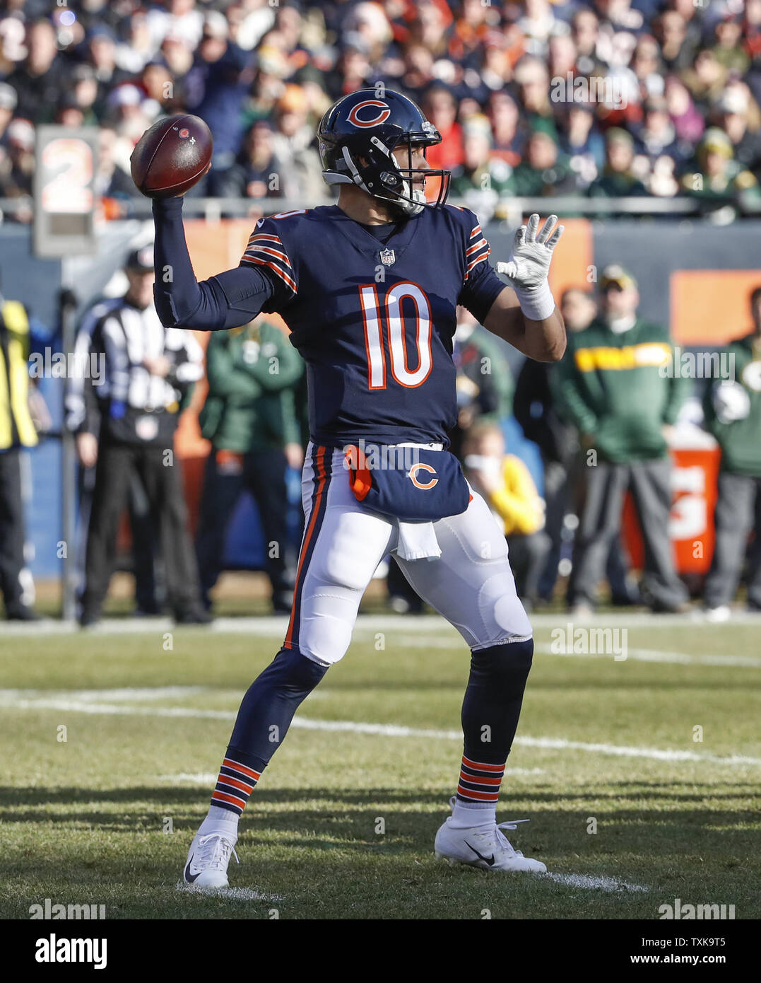 Chicago Bears quarterback Mitchell Trubisky (10) looks to pass the ball against the Green Bay Packers during the second half at Soldier Field in Chicago on December 16, 2018. Photo by Kamil Krzaczynski/UPI Stock Photo