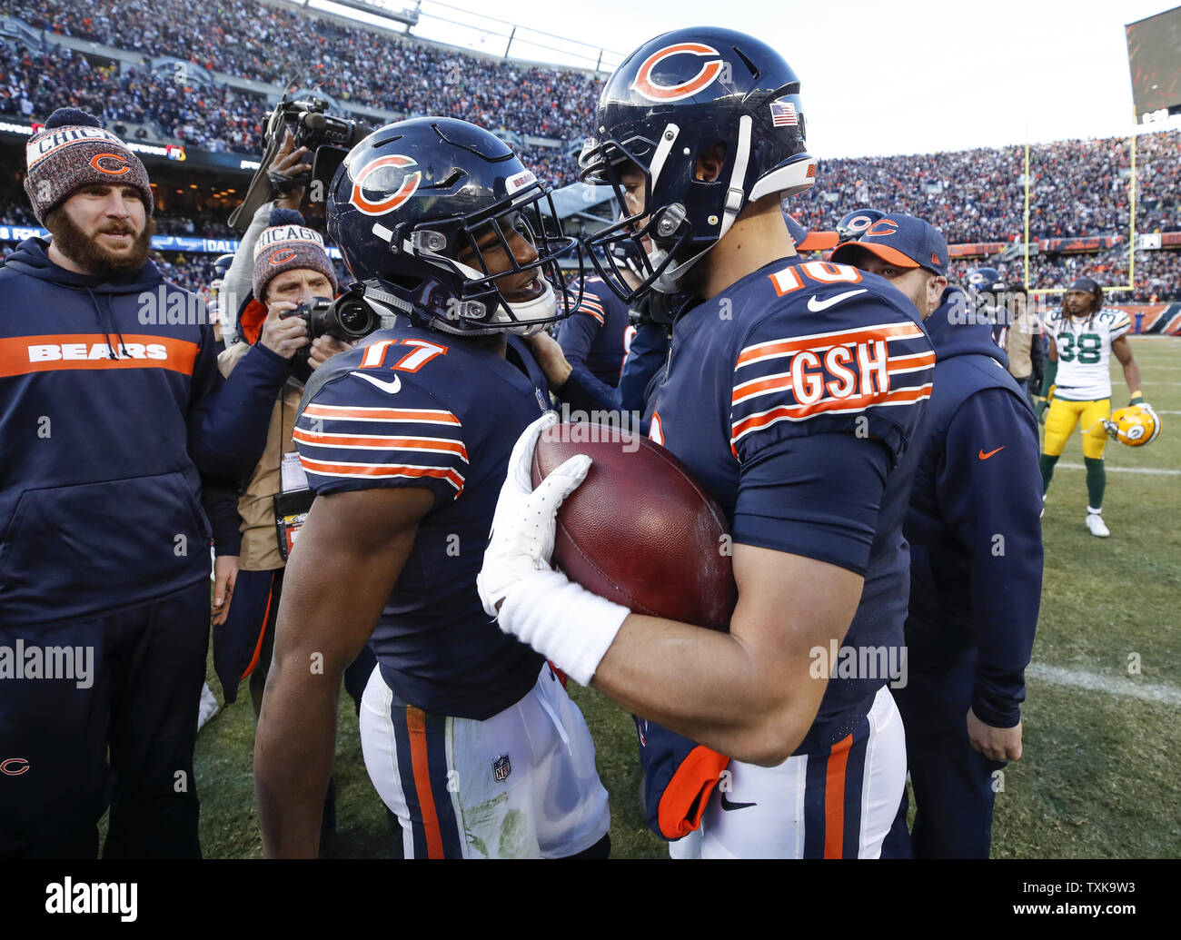 Chicago Bears quarterback Mitchell Trubisky (10) celebrates with wide receiver Anthony Miller (17) after defeating the Green Bay Packers at Soldier Field in Chicago on December 16, 2018. Photo by Kamil Krzaczynski/UPI Stock Photo